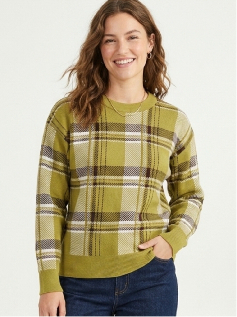 Women's Tahari Olive Green Plaid Knit Crewneck Sweater - Size Medium - 750